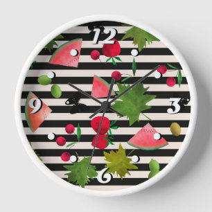 Seamless Fresh Fruits Berries Watercolor Cartoon Clock