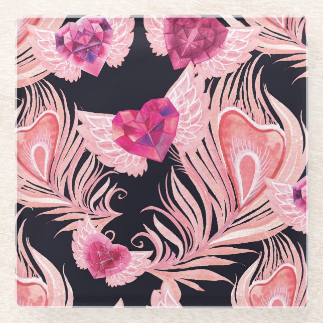 Seamless Gentle Watercolor Valentine's Pattern Glass Coaster (Front)