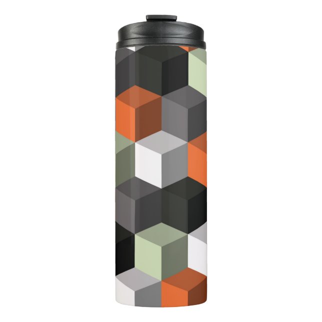 Seamless geometric pattern with cubes and volume thermal tumbler (Front)