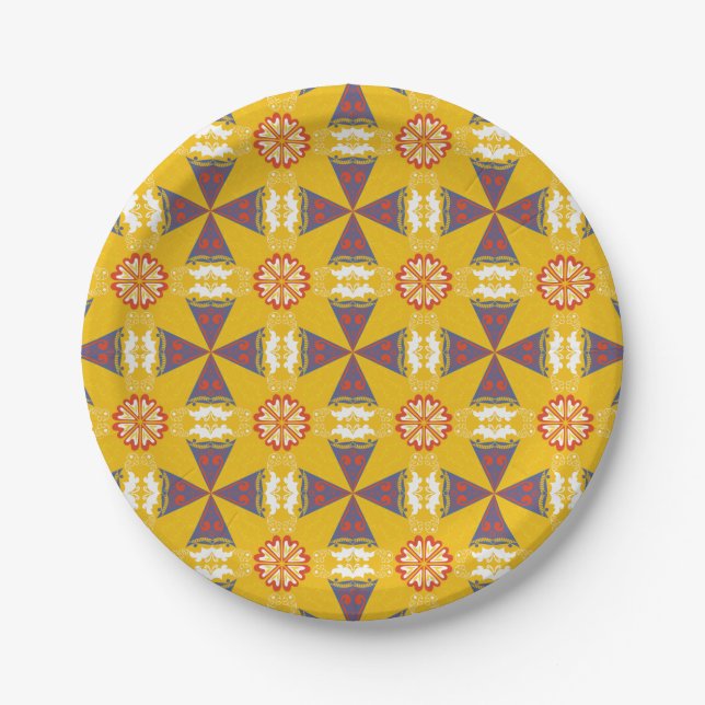 Seamless geometric pattern with orange, blue paper plate (Front)
