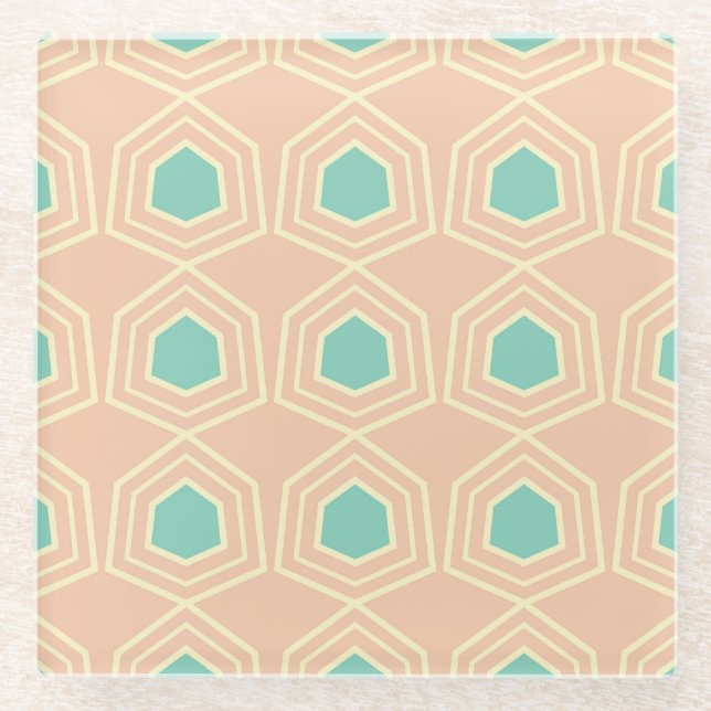 Seamless geometric pattern with teal pentagons glass coaster (Front)