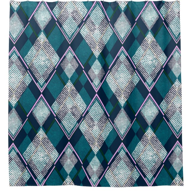 Seamless geometric rhombic pattern, turquoise back shower curtain (Front)