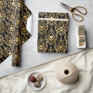 Seamless Gold and Black Skull Damask Halloween Wrapping Paper