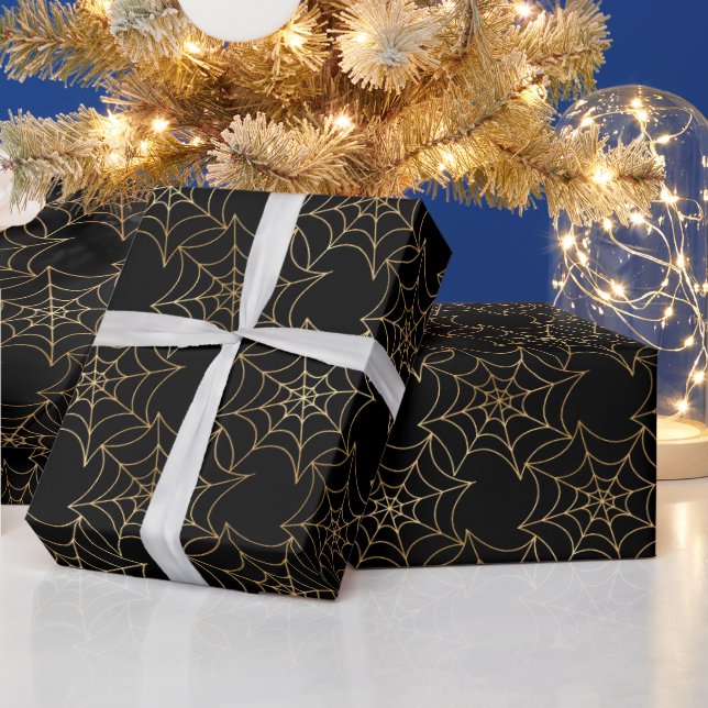 Seamless Gold Foil and Black Cobwebs Halloween Wrapping Paper (Holidays)