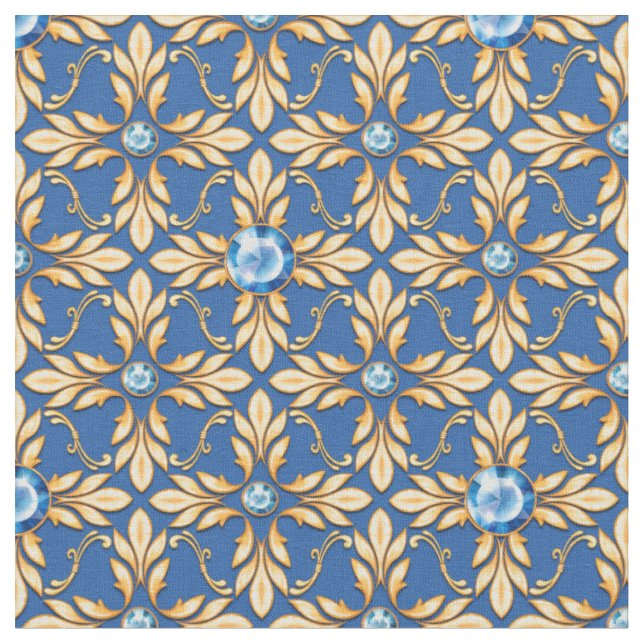 Seamless golden pattern with blue gems 1 fabric (Close Up)
