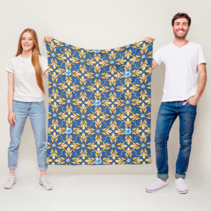 Seamless golden pattern with blue gems 1 fleece blanket