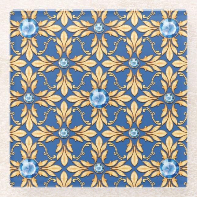 Seamless golden pattern with blue gems 1 glass coaster (Front)