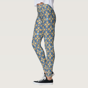 Seamless golden pattern with blue gems 1 leggings
