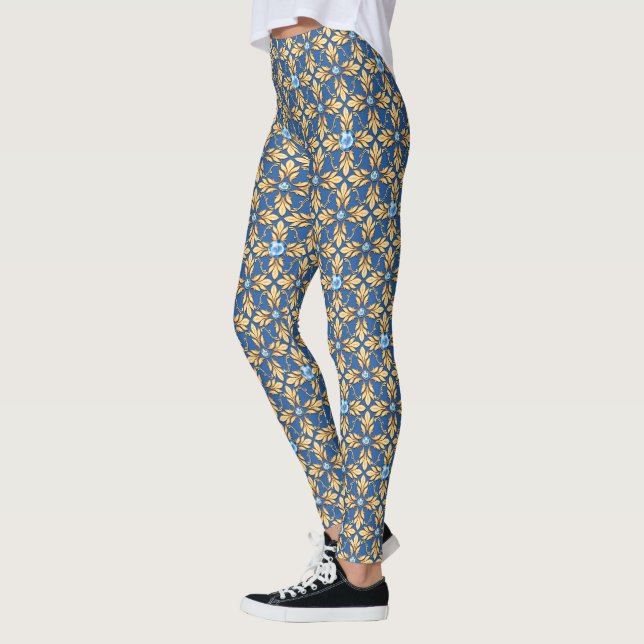 Seamless golden pattern with blue gems 1 leggings (Left)