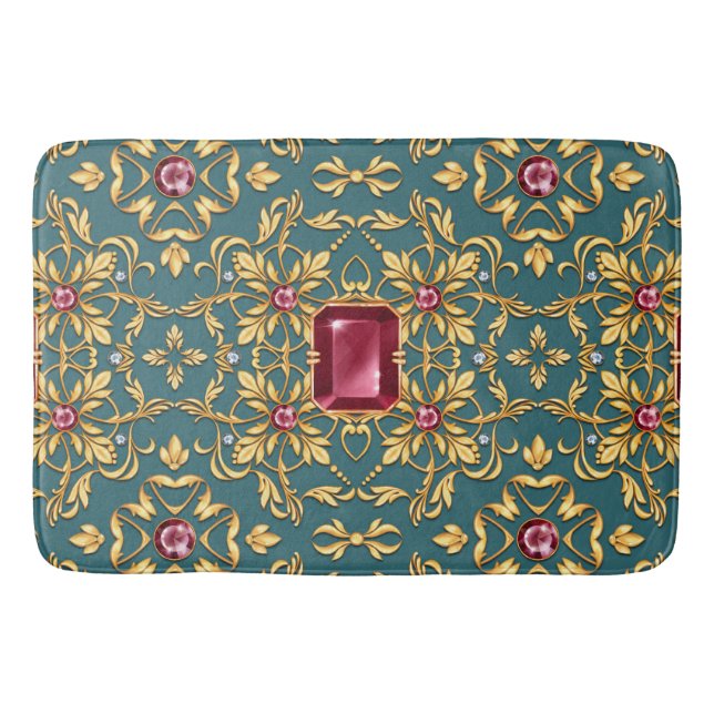 Seamless golden pattern with ruby bath mat (Front)