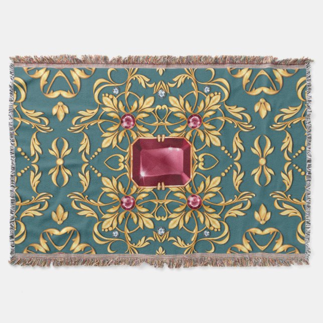 Seamless golden pattern with ruby throw blanket (Front)