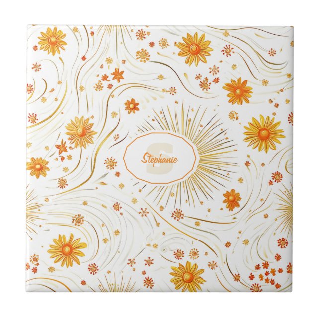 Seamless Golden Sun & Rays - with Abstract Star Ceramic Tile (Front)