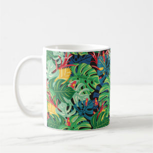 Seamless graphic pattern with leaves monstera and coffee mug
