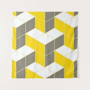 Seamless gray and yellow isometric cubical trident tapestry