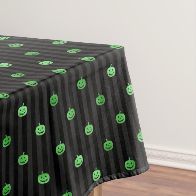 Seamless Green Foil Pumpkins & Stripes Halloween Tablecloth (In Situ)