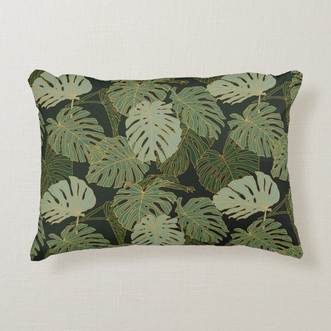 Seamless green khaki and gold monstera pattern decorative cushion (Front)