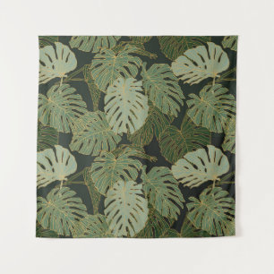 Seamless green khaki and gold monstera pattern tapestry