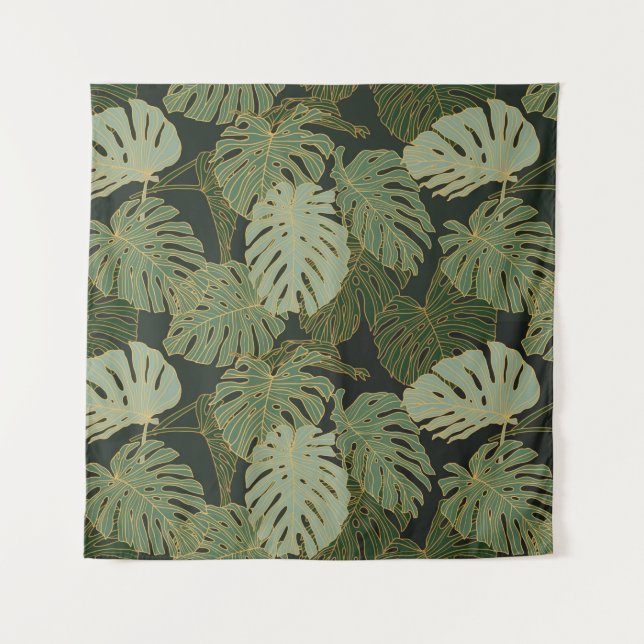 Seamless green khaki and gold monstera pattern tapestry (Front)