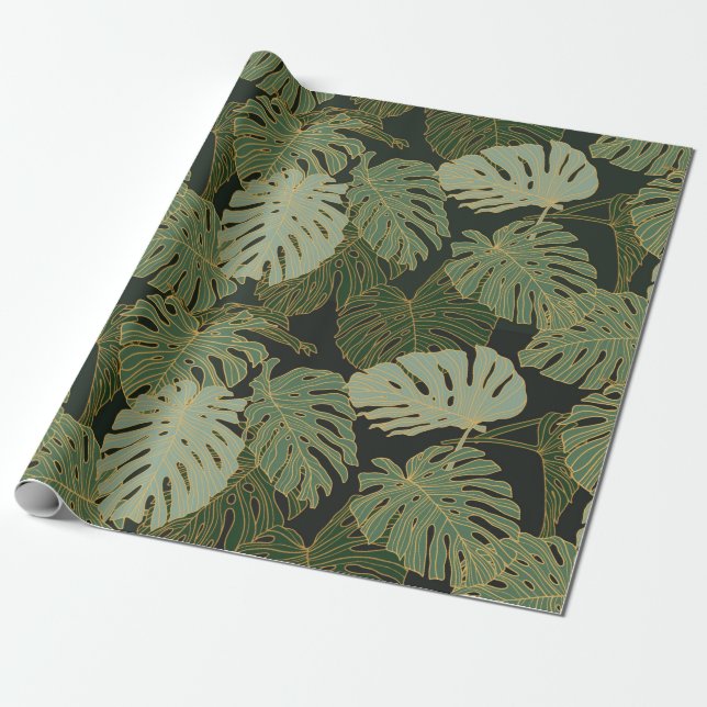 Seamless green khaki and gold monstera pattern wrapping paper (Unrolled)