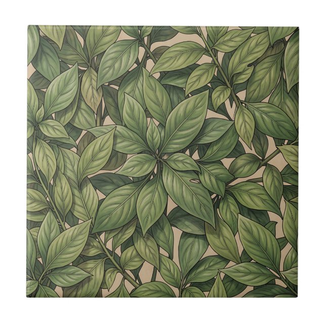 Seamless Green Leaf Botanical Vintage Pattern Ceramic Tile (Front)