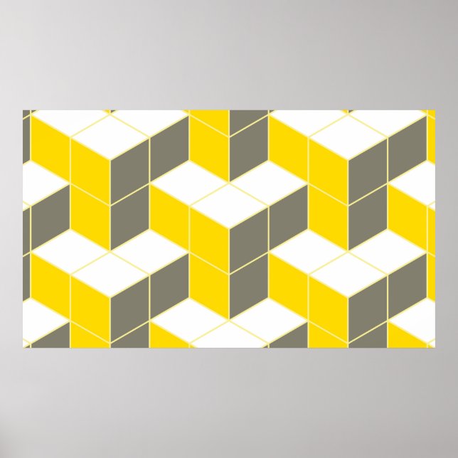 Seamless grey and yellow isometric cubical trident poster (Front)