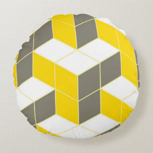 Seamless grey and yellow isometric cubical trident round cushion