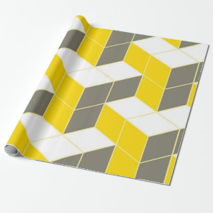 Seamless grey and yellow isometric cubical trident wrapping paper