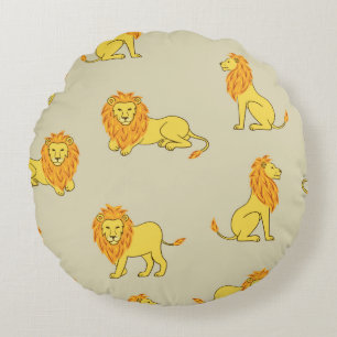 Seamless hand drawn lion pattern. Vintage backgrou Round Cushion