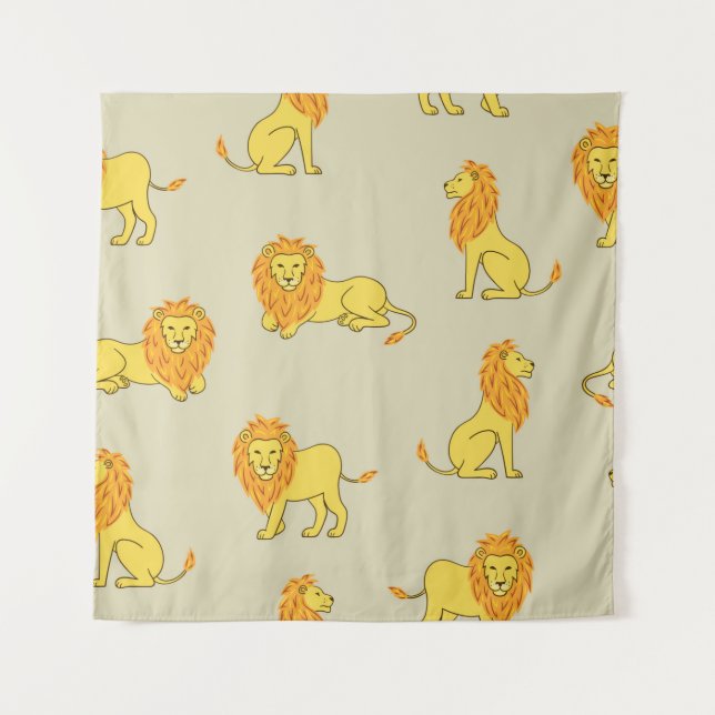 Seamless hand drawn lion pattern. Vintage backgrou Tapestry (Front)