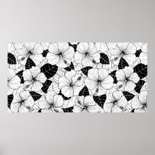 Seamless hand drawn pattern with hibiscus flowers poster
