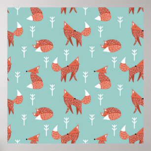 Seamless illustration pattern with cute orange fox poster