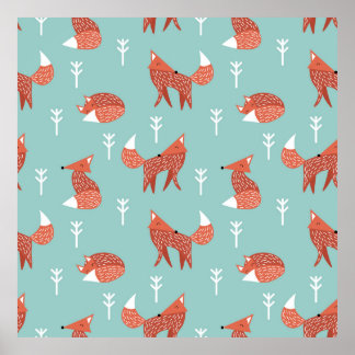 Seamless illustration pattern with cute orange fox poster