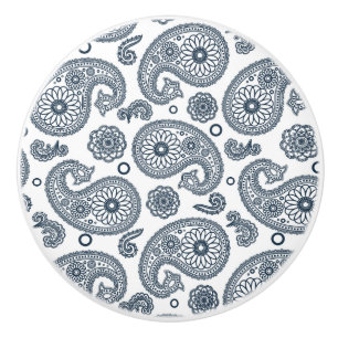 Seamless Indian dark blue paisley pattern on white Ceramic Knob