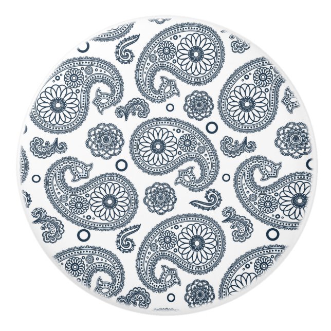 Seamless Indian dark blue paisley pattern on white Ceramic Knob (Front)