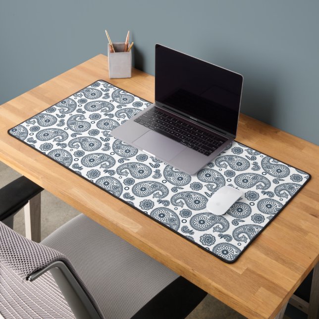 Seamless Indian dark blue paisley pattern on white Desk Mat (Office 2)