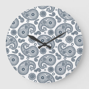 Seamless Indian dark blue paisley pattern on white Large Clock