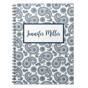 Seamless Indian dark blue paisley pattern on white Notebook