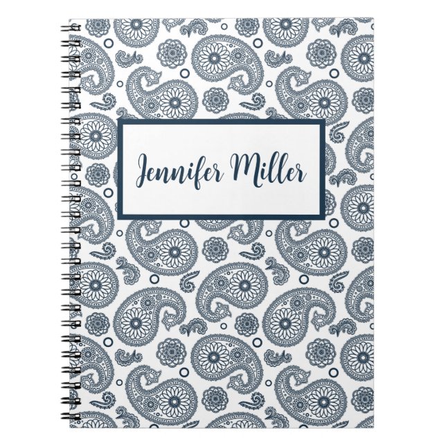 Seamless Indian dark blue paisley pattern on white Notebook (Front)