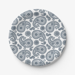 Seamless Indian dark blue paisley pattern on white Paper Plate