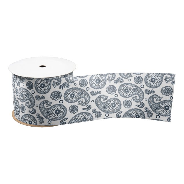 Seamless Indian dark blue paisley pattern on white Satin Ribbon (Spool)