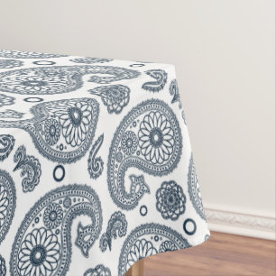 Seamless Indian dark blue paisley pattern on white Tablecloth