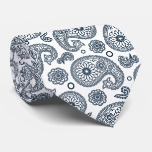 Seamless Indian dark blue paisley pattern on white Tie