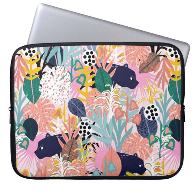 Seamless jungle pattern with panthers, colourful l laptop sleeve (Front)