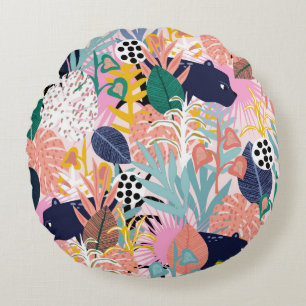 Seamless jungle pattern with panthers, colourful l round cushion