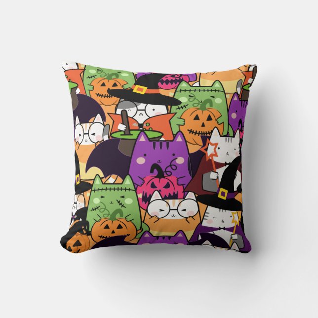 Seamless Kawaii Cat Halloween Pattern Cushion (Front)