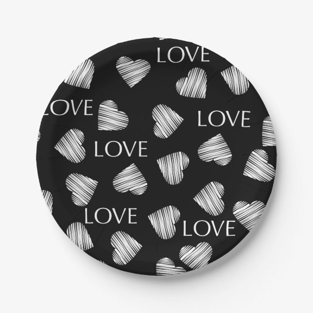 Seamless LOVE Valentines Day black dark white scra Paper Plate (Front)