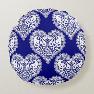 Seamless love Valentines Day navy white lacy lace Round Cushion