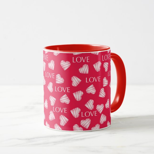Seamless LOVE Valentines Day pink red white scratc Mug (Front Right)