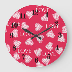 Seamless LOVE Valentines Day pink white scratch he Large Clock