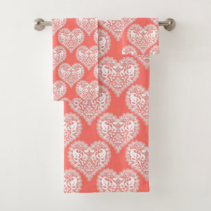 Seamless love Valentines Day white lacy lace heart Bath Towel Set